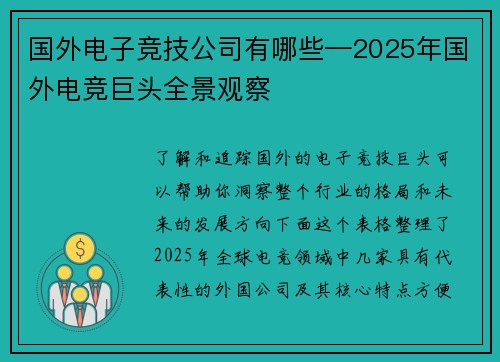 国外电子竞技公司有哪些—2025年国外电竞巨头全景观察